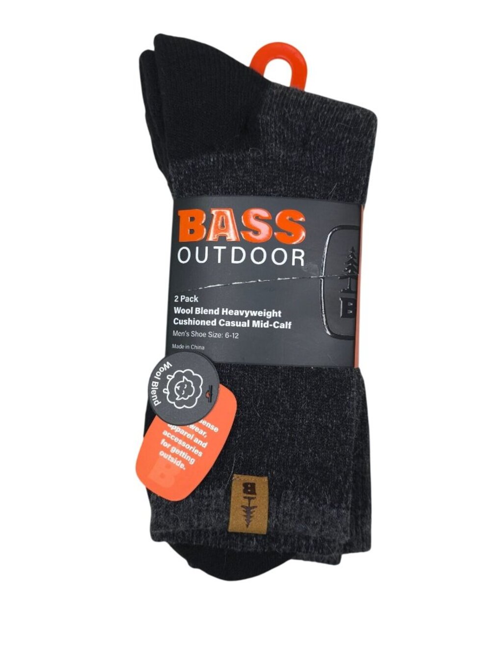 Bass Outdoor Wool Blend Heavyweight Cushioned Mid-Calf Socks 2-Pack Men Charcoal